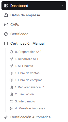 Menú real del Certificador SII con todas las etapas del proceso