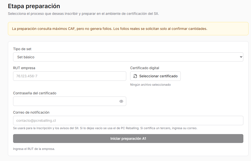 Pantalla real de preparación A1 del Certificador SII